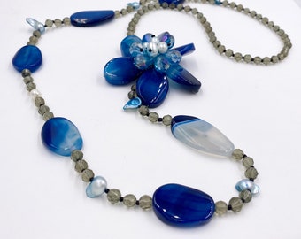 Floral Blue Agate Gemstone & Crystal Beaded Necklace, Chunky Stone Jewelry, Statement Necklace, Agate Necklace, Blue Stone Necklace, 33"