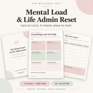 Könnte beinhalten: Ein digitales Planer-Set mit dem Titel Mental Load & Life Admin Reset, bestehend aus drei Seiten mit Abschnitten zur Verfolgung von Aufgaben, Verantwortlichkeiten und persönlichen Bedürfnissen. Die Dokumente enthalten Text, Tabellen und pastellfarbene Kästchen.