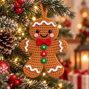 May include: A brown crocheted gingerbread man ornament featuring a red bow tie, two green buttons, one red button, white wavy icing details on the head, arms, and legs, and a hanging loop, displayed as a festive holiday decoration.