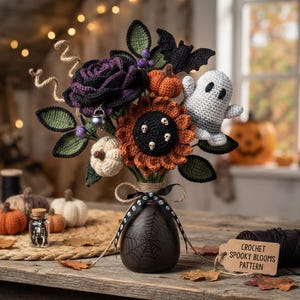 Wzór na szydełkowy bukiet kwiatów na Halloween, amigurumi dynia duch czarna róża słonecznik DIY, gotycki jesienny kwiatowy dom