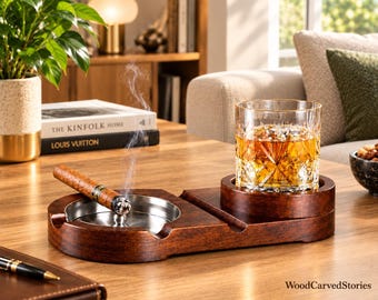 Wooden Cigar Ashtray with Whiskey Glass Holder, Cigar Tray with Detachable Ashtray, Cigar Holder, Home Bar Decor, Gift for Men
