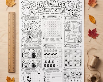 Könnte beinhalten: Ein schwarz-weißes Halloween-Aktivitätsblatt mit neun Abschnitten, darunter Wortsuche, Labyrinth, Tic-Tac-Toe und Zählspiele. Ein 30 Zentimeter langes Holzlineal ist vertikal auf der linken Seite des Blattes platziert.