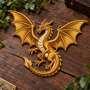 Puede incluir: Un parche bordado que presenta un dragón dorado con las alas extendidas, una larga cola curvada y un vientre de color crema. El dragón se muestra de perfil con costuras detalladas, garras afiladas y cuernos, representado en tonos de hilo dorado metálico y beige claro.