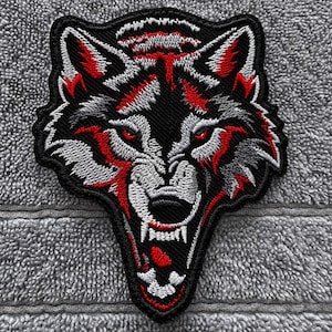 Écusson brodé Loup Rouge et Noir, Applique Tête de Loup, Écusson Gothique Animal pour Veste, Broderie Personnalisée pour Motard, Badge Loup-Garou 33 cm