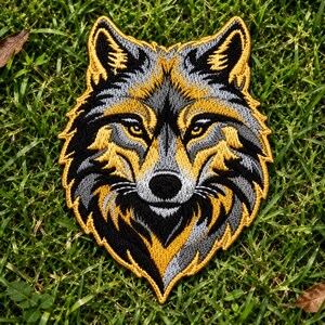 Op de afbeelding: Een geborduurde patch met de kop van een wolf. Het ontwerp maakt gebruik van garen in de kleuren goudgeel, zilvergrijs en zwart om een gedetailleerd portret van het dier te creëren met naar voren gerichte ogen en spitse oren.