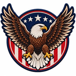 Op de afbeelding: Een geborduurde patch met een Amerikaanse zeearend met gespreide vleugels, gecentreerd op een rond embleem. De achtergrond toont rode en witte verticale strepen onder een blauw veld met vijf witte sterren. De adelaar heeft bruine veren en een gele snavel.