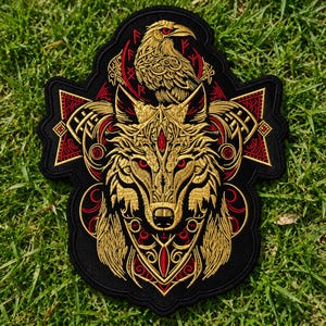May include: A black embroidered patch featuring a central golden wolf head with red eyes, topped by a golden raven. The design includes intricate knotwork, red accents, and runic symbols arranged in a cross-like shape with sharp edges.