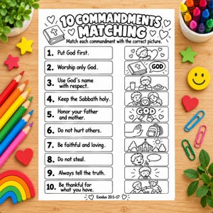 May include: A black and white printable worksheet titled 10 Commandments Matching with ten numbered religious rules and corresponding line art illustrations for coloring, surrounded by colorful crayons, paper clips, and a rainbow shape.