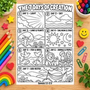 Pode incluir: Uma página de colorir em preto e branco intitulada The 7 Days of Creation com Genesis 1:1-2:3 na parte inferior. Apresenta sete painéis numerados que ilustram a história bíblica da criação, incluindo luz, céu, terra, plantas, sol, lua, estrelas, peixes, pássaros, animais e pessoas.