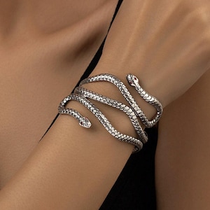 Op de afbeelding: Een zilverkleurige metalen armband in de vorm van een kronkelende slang die om de pols zit. De armband heeft een gestructureerd schubbenpatroon over de gehele lengte en twee slangenkoppen met kleine rode accenten als ogen aan elk uiteinde.