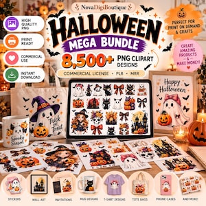 Peut inclure: Un ensemble numérique Halloween Mega Bundle comprenant plus de 8 500 modèles clipart PNG. L'image présente divers graphismes effrayants dont des fantômes, citrouilles, chats et maisons hantées sur une tablette, un sac, un mug et des feuilles.