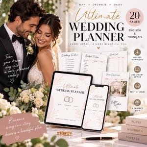 Peut inclure: Un ensemble de planificateur de mariage numérique de 20 pages en anglais et en français, affiché sur un écran de tablette et de smartphone. Le planificateur comprend des sections pour le calendrier, le budget, la liste d'invités et le lieu.