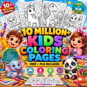 May include: A digital collection of 10 million plus kids coloring pages featuring cartoon characters like a unicorn, dinosaur, lion, and princess. Includes MRR and PLR rights, printable PDF format, instant download, and high-quality graphic designs.