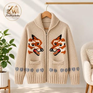 Wolf Knit Zip-Up Cardigan, Nordic Wool Look, Chunky Winter Jacket