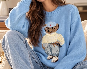 Suéter autêntico Polo Ralph Lauren azul celeste com estampa de urso | Suéter clássico de gola redonda em tricô
