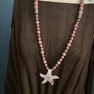 SALE- Originally 139.00 Now 99.00 Long hand knotted rhodochrosite and rhodonite with an artisan lampwork starfish OOAK boho necklace
