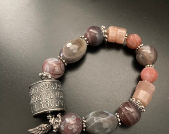 Anne Choi, “Let us accept truth” quote bead and neutral gemstones OOAK boho stretch bracelet Never Judge a Book by it’s Cover series