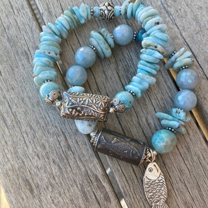 Anne Choi Four Fish bead blue gemstones with a Hill Tribe fine silver fish charm and Basha bead beachy boho OOAK  stretch bracelet