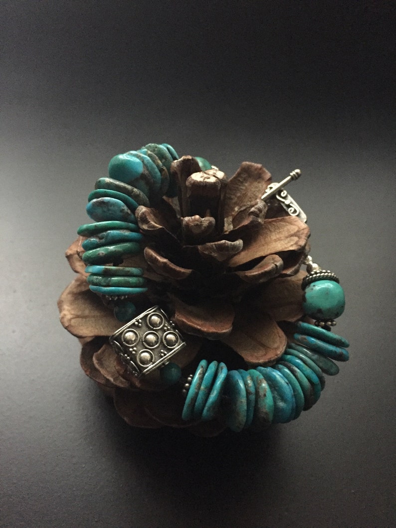 Sundance southwestern style Genuine turquoise and Bali bead chunky bracelet hand knotted sterling boho toggle blue shades jewelry