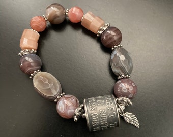 Anne Choi, “Let us accept truth” quote bead and neutral gemstones OOAK boho stretch bracelet Never Judge a Book by it’s Cover series