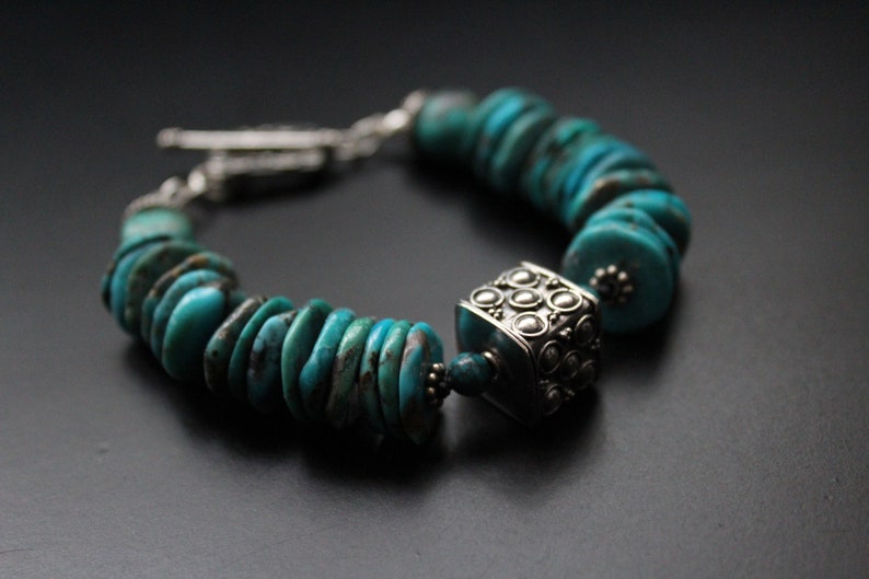 Sundance southwestern style Genuine turquoise and Bali bead chunky bracelet hand knotted sterling boho toggle blue shades jewelry