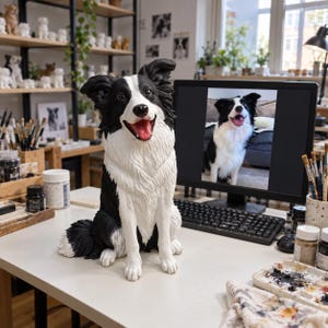Può includere: Una statuetta di Border Collie bianco e nero con una texture del pelo realistica, orecchie a punta e bocca aperta che mostra una lingua rosa. La scultura è posizionata su una scrivania bianca accanto a un monitor che mostra la stessa foto.
