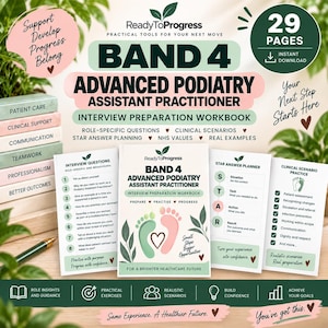 Peut inclure: Un cahier de préparation aux entretiens pour assistant praticien en podologie de niveau Band 4, comprenant 29 pages. La couverture présente du texte, un cœur et deux empreintes de pieds en vert et rose, avec des sections sur les questions et le planning STAR.