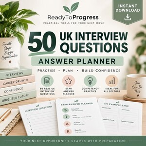 Può includere: Un pianificatore digitale intitolato 50 UK Interview Questions Answer Planner di ReadyToProgress. Il documento include sezioni per domande di colloquio, un pianificatore di risposte STAR e una banca di esempi con accenti di testo verdi e beige.