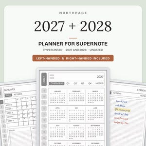 Könnte beinhalten: Ein digitaler Planer für Supernote mit Kalendern für 2027 und 2028. Die Benutzeroberfläche enthält Hyperlink-Registerkarten, eine Übersicht mit Monatsrastern und tägliche Aufgabenlisten. Text: NORTHPAGE, 2027 + 2028, PLANNER FOR SUPERNOTE, HYPERLINKED, LEFT-HANDED & RIGHT-HANDED INCLUDED.