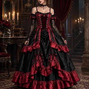 May include: A floor-length gown featuring a deep red velvet bodice with black lace-up corset detailing, off-the-shoulder sleeves, and a voluminous black skirt with layered red satin ruffles. The garment includes black lace sleeves and a choker.