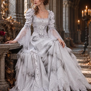 Viktorianisches Geisterbraut-Kostüm für Damen, weißes Gothic-Halloweenkleid mit Glockenärmeln aus Spitze