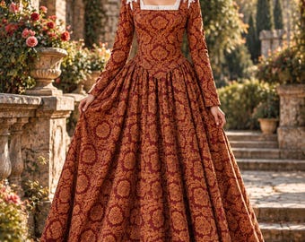 May include: A floor-length gown featuring a deep rust-red fabric with a repeating gold damask pattern. The dress has long sleeves, a square neckline with a white inset, and white ribbon bows at the shoulders, creating a full, voluminous skirt.