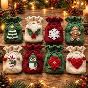 Mönsterpaket för virkad julklappspåse, 8 dragskopåsar, 10–12 cm, 3 färgställningar, PDF-fil för högtider