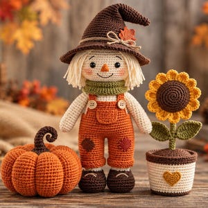 May include: A crocheted scarecrow doll wearing a brown pointed hat, a green scarf, and orange overalls with two buttons. Beside the doll sits a round orange crocheted pumpkin and a crocheted sunflower in a white pot with a small yellow heart.