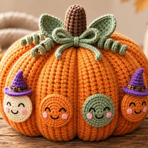 Può includere: Una zucca arancione all'uncinetto con un picciolo marrone, foglie verdi e un fiocco verde. Quattro piccoli volti circolari all'uncinetto sono attaccati sul davanti, due dei quali indossano cappelli da strega viola. Superficie a coste.