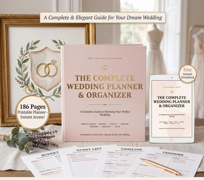 Wedding Planner PDF, Printable Wedding Planning Book, 186 Page Wedding Organizer, Engagement Gift, Bride Binder, Digital Download Checklist image 1