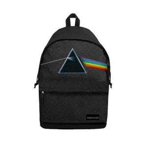 May include: A black backpack featuring a starry night sky pattern and the iconic prism graphic from the Pink Floyd Dark Side of the Moon album cover. The bag includes a front zippered pocket, a top handle, and a small rectangular label with the text Pink Floyd.