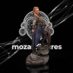 May include: A detailed figurine of a warrior with blonde hair, wearing chainmail armor, a blue tunic, and dark boots. The figure stands on a rocky base, holding a sword in one hand and a round wooden shield in the other, with the text mozafigures visible.