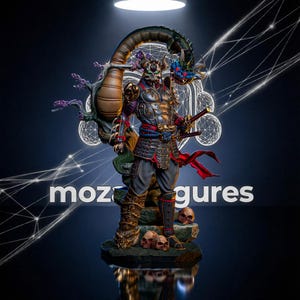 May include: A detailed samurai figurine wearing a horned skull mask and ornate dark armor with red accents. The figure stands on a rocky base with skulls, framed by a large coiled dragon and a tree branch. The text moza figures is visible.