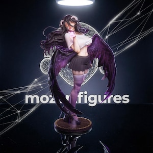 May include: A detailed anime-style figurine of a character with long dark hair, curved horns, and large dark purple wings. The figure wears a white cropped top, a dark pleated skirt, and light purple thigh-high stockings with dark platform heels.