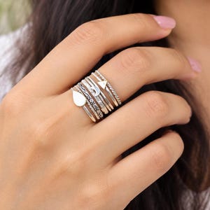 Sterling Silver Ring Set, Stackable Boho Rings, Handmade Silver Band Rings, Geometric Ring Set, Minimalist Jewelry, Gift for Her