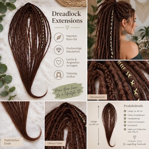 Könnte beinhalten: Dunkelbraune Dreadlock-Extensions mit einer Länge von ca. 60 cm. Das Set besteht aus mehreren Strähnen mit goldfarbenen Garnwicklungen und Metallperlen. Der Text auf dem Bild enthält Dreadlock Extensions, More than hair it's a lifestyle und Produktdetails.