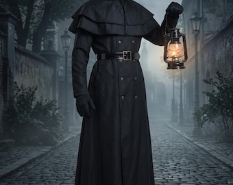 May include: A plague doctor costume featuring a long black double-breasted coat with a capelet, a wide-brimmed hat, black gloves, and a white bird-like beak mask. The figure holds a lit black metal lantern. The logo NextThreadArt is visible.
