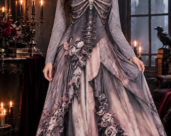 May include: A long-sleeved floor-length dress featuring a printed human rib cage graphic on the bodice and a cascading floral pattern of roses in muted grey and pink tones. The garment has a round neckline and a full, flowing skirt design.