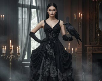 May include: A floor-length black gown featuring a V-neckline, a fitted bodice adorned with fabric roses, and a voluminous skirt with a striped pattern and floral lace overlays. The garment includes long black gloves and a black raven perched on one arm.