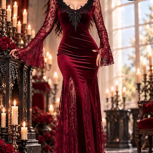May include: A floor-length burgundy velvet dress featuring long flared lace sleeves, a deep V-neckline with black lace trim, and a side lace panel. The garment includes a matching black lace choker and is paired with black pointed-toe shoes.