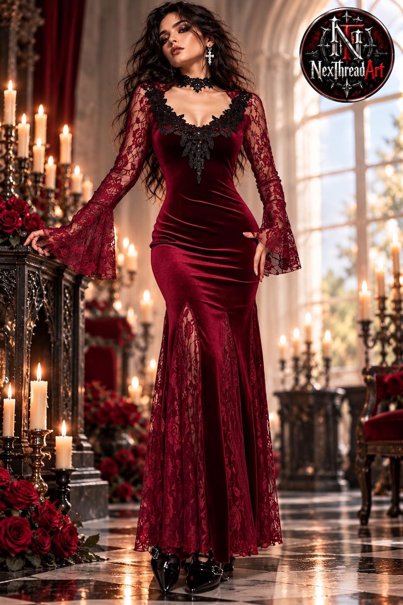 May include: A floor-length burgundy velvet dress featuring long flared lace sleeves, a deep V-neckline with black lace trim, and a side lace panel. The garment includes a matching black lace choker and is paired with black pointed-toe shoes.