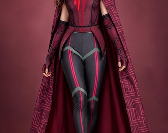 May include: A dark red and black ensemble featuring a long cape with a geometric pattern, a sleeveless bodice with a red ribbon tie, matching arm sleeves, and black leggings with vertical red stripes. Black lace-up boots complete the outfit.