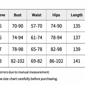 May include: A size chart table for a black long-sleeved dress with lace detailing. The table lists measurements in centimeters for shoulder, sleeve, bust, waist, hips, and length for sizes S, M, L, and XL. The text includes a note about manual measurement errors.