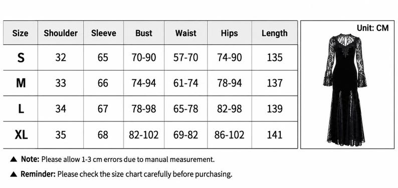 May include: A size chart table for a black long-sleeved dress with lace detailing. The table lists measurements in centimeters for shoulder, sleeve, bust, waist, hips, and length for sizes S, M, L, and XL. The text includes a note about manual measurement errors.